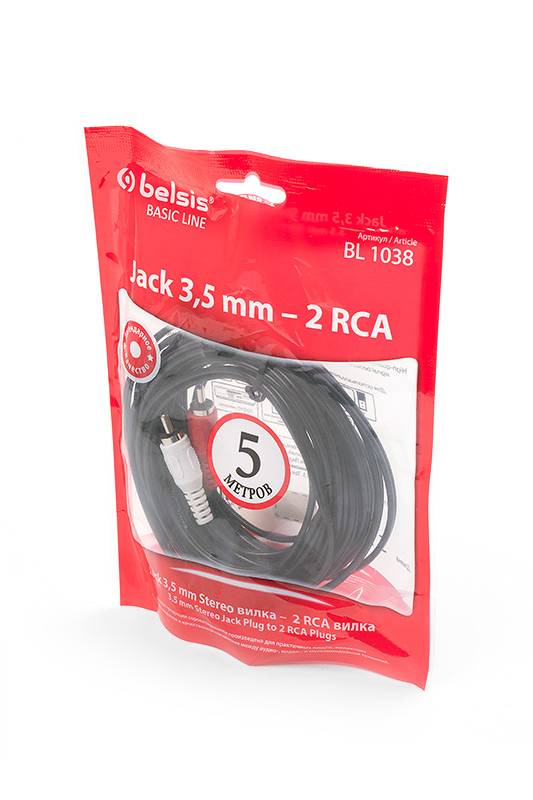 Belsis BL 1038 Jack 3,5 mm Stereo вилка - 2 RCA вилка 5м BL1 - Belsis BL 1038 Jack 3,5 mm Stereo вилка - 2 RCA вилка 5м BL1